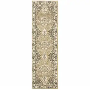 Photo of Beige Grey Tan And Charcoal Oriental Power Loom Stain Resistant Runner Rug