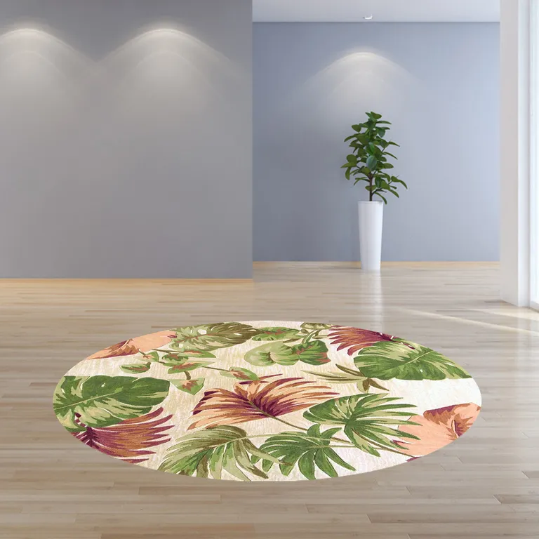 Beige Hand Tufted Tropical Plant Round Indoor Area Rug Photo 4