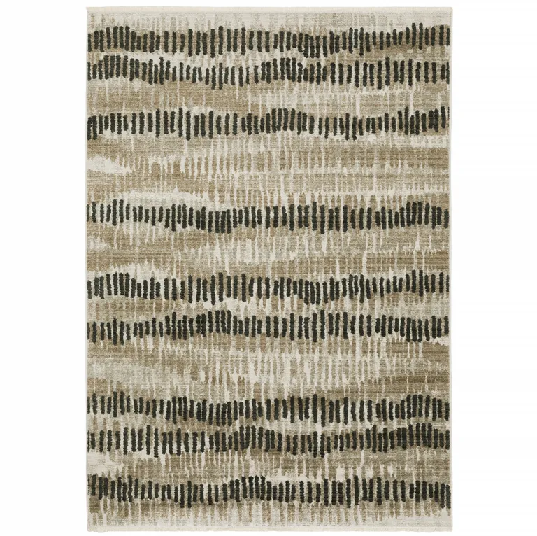 Beige Ivory Charcoal Brown Tan And Grey Abstract Power Loom Stain Resistant Area Rug With Fringe Photo 2