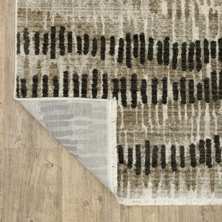 Beige Ivory Charcoal Brown Tan And Grey Abstract Power Loom Stain Resistant Runner Rug With Fringe Photo 5