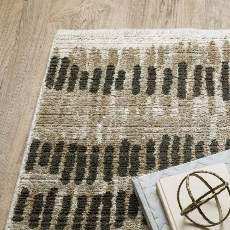 Beige Ivory Charcoal Brown Tan And Grey Abstract Power Loom Stain Resistant Runner Rug With Fringe Photo 3