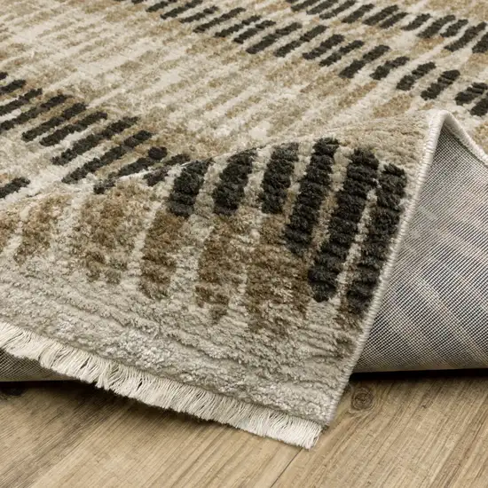 Beige Ivory Charcoal Brown Tan And Grey Abstract Power Loom Stain Resistant Runner Rug With Fringe Photo 7