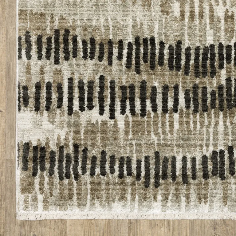 Beige Ivory Charcoal Brown Tan And Grey Abstract Power Loom Stain Resistant Runner Rug With Fringe Photo 1