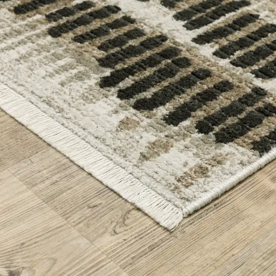 Beige Ivory Charcoal Brown Tan And Grey Abstract Power Loom Stain Resistant Runner Rug With Fringe Photo 4