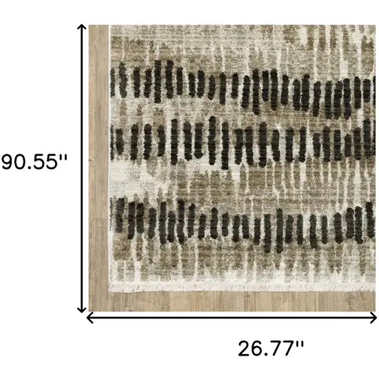 Beige Ivory Charcoal Brown Tan And Grey Abstract Power Loom Stain Resistant Runner Rug With Fringe Photo 8