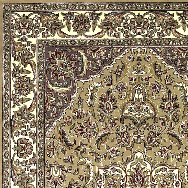 Beige Ivory Machine Woven Floral Medallion Indoor Area Rug Photo 3