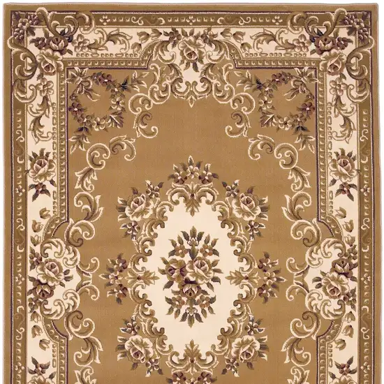 Beige Ivory Machine Woven Hand Carved Floral Medallion Indoor Area Rug Photo 6