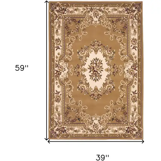 3'X5' Beige Ivory Machine Woven Hand Carved Floral Medallion Indoor Area Rug Photo 8