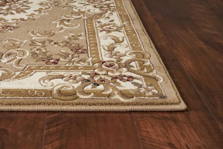 Beige Ivory Machine Woven Hand Carved Floral Medallion Indoor Area Rug Photo 5