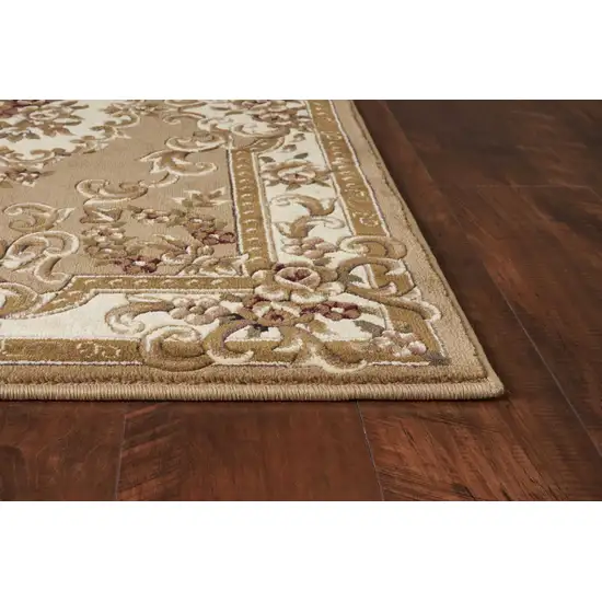 Beige Ivory Machine Woven Hand Carved Floral Medallion Indoor Area Rug Photo 5