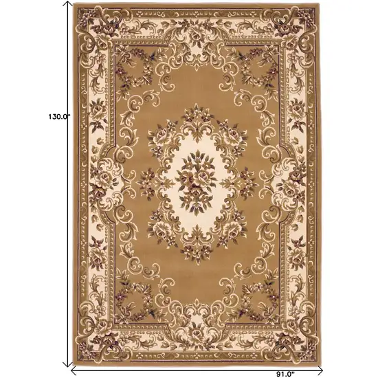 Beige Ivory Machine Woven Hand Carved Floral Medallion Indoor Area Rug Photo 4