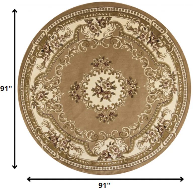 Beige Ivory Machine Woven Hand Carved Floral Medallion Round Indoor Area Rug Photo 2