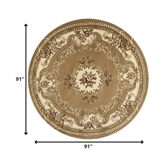 Beige Ivory Machine Woven Hand Carved Floral Medallion Round Indoor Area Rug Photo 2