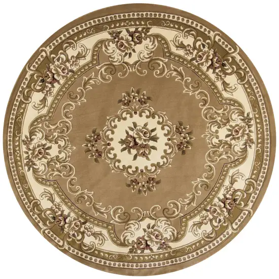 Beige Ivory Machine Woven Hand Carved Floral Medallion Round Indoor Area Rug Photo 1