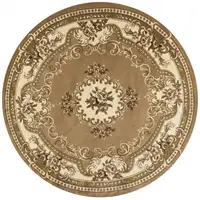 Photo of Beige Ivory Machine Woven Hand Carved Floral Medallion Round Indoor Area Rug