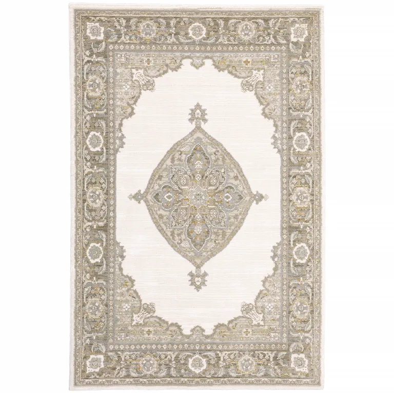 Beige Ivory Tan Gold Grey And Green Oriental Power Loom Stain Resistant Area Rug Photo 1