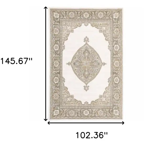 Beige Ivory Tan Gold Grey And Green Oriental Power Loom Stain Resistant Area Rug Photo 6