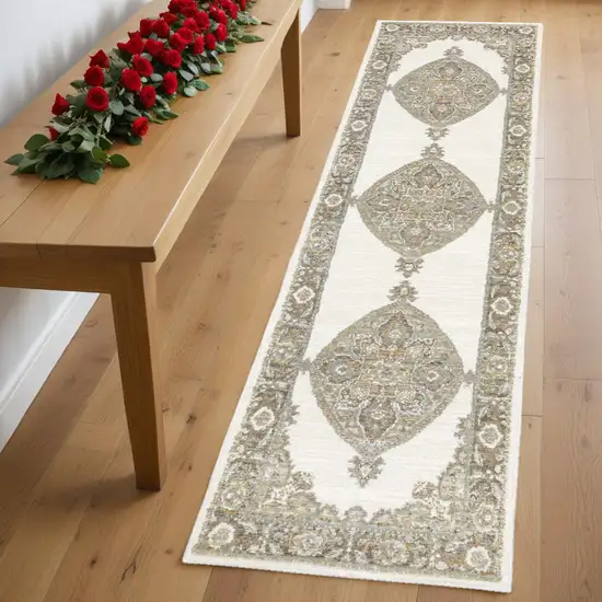 Beige and Ivory Oriental Power Loom Runner Rug Photo 1