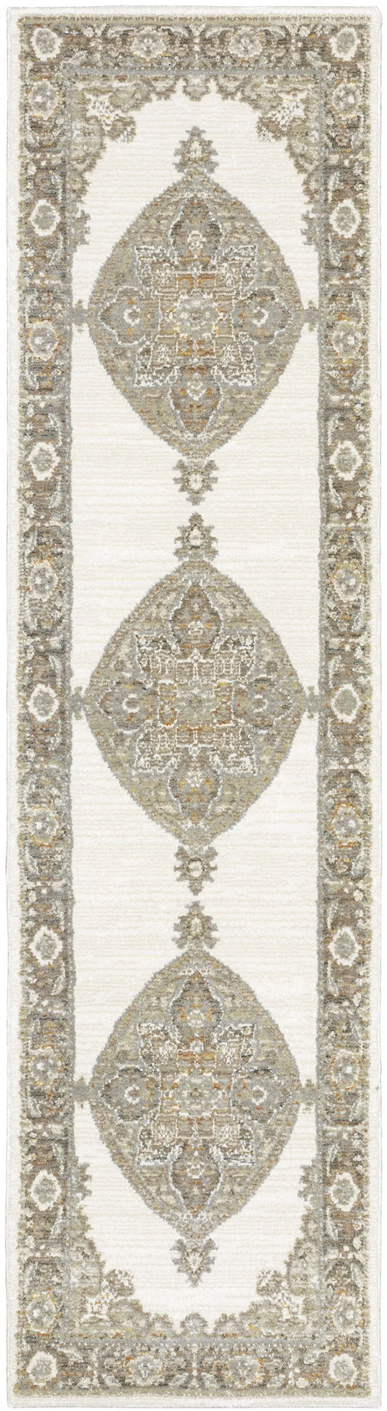 Beige Ivory Tan Gold Grey And Green Oriental Power Loom Stain Resistant Runner Rug Photo 1