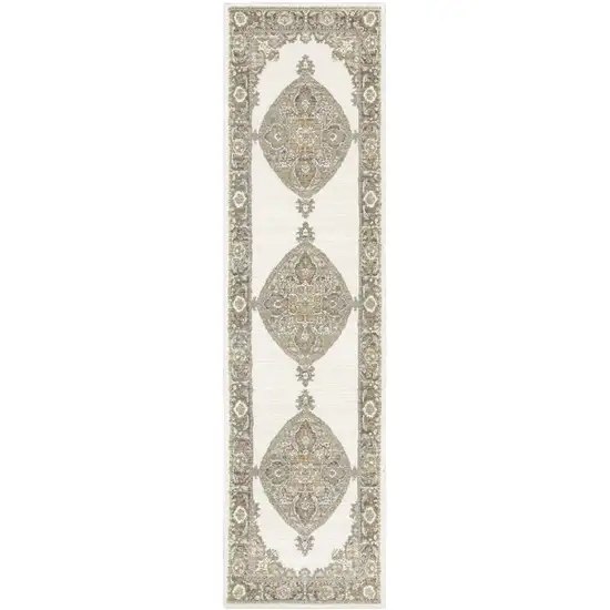 Beige Ivory Tan Gold Grey And Green Oriental Power Loom Stain Resistant Runner Rug Photo 1