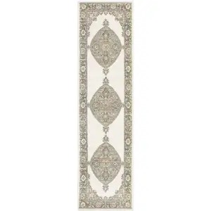 Photo of Beige Ivory Tan Gold Grey And Green Oriental Power Loom Stain Resistant Runner Rug