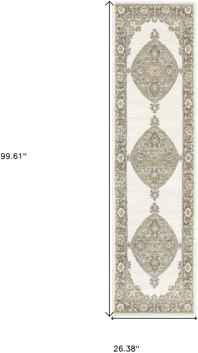 Beige Ivory Tan Gold Grey And Green Oriental Power Loom Stain Resistant Runner Rug Photo 5