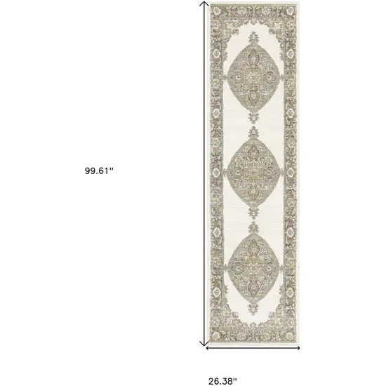 Beige Ivory Tan Gold Grey And Green Oriental Power Loom Stain Resistant Runner Rug Photo 5