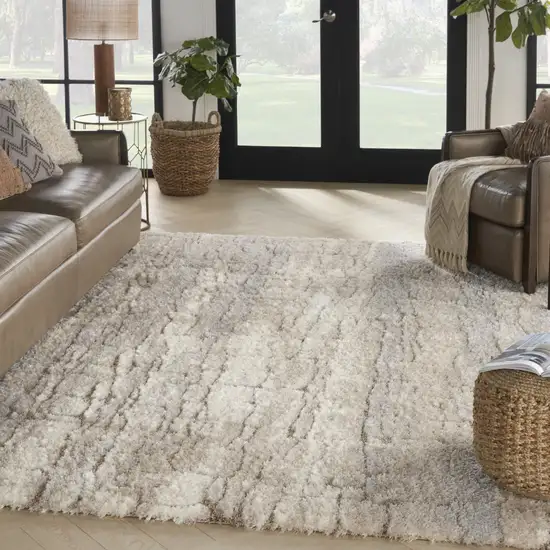 Beige Ivory and Gray Abstract Shag Area Rug Photo 8