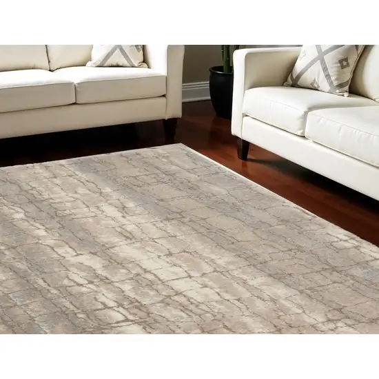 Beige Ivory and Gray Abstract Shag Area Rug Photo 1