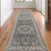 Photo of Beige Ivory and Gray Medallion Power Loom Runner Rug