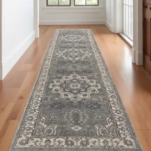 Photo of Beige Ivory and Gray Medallion Power Loom Runner Rug