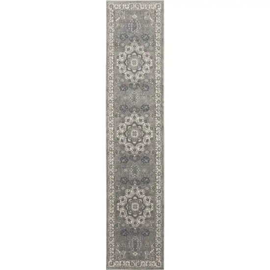 Beige Ivory and Gray Medallion Power Loom Runner Rug Photo 2