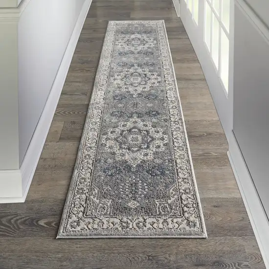 Beige Ivory and Gray Medallion Power Loom Runner Rug Photo 9