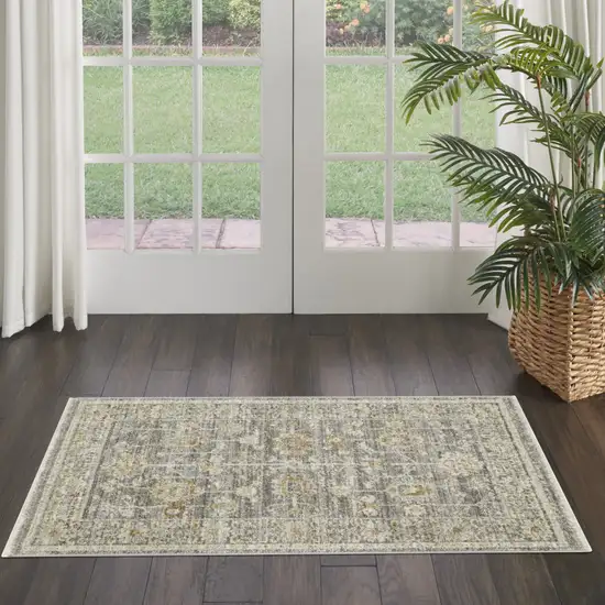 Beige Ivory and Gray Oriental Power Loom Distressed Area Rug With Fringe Photo 4