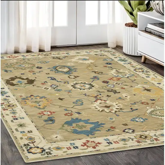 Beige Light Blue And Tan Oriental Area Rug With Fringe Photo 1