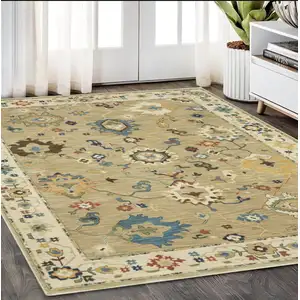 Photo of Beige Light Blue And Tan Oriental Area Rug With Fringe