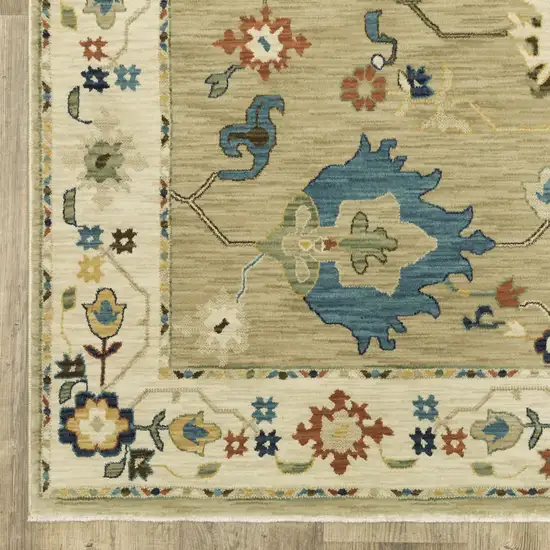 Beige Light Blue And Tan Oriental Area Rug With Fringe Photo 4