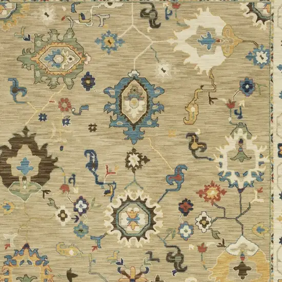 Beige Light Blue And Tan Oriental Area Rug With Fringe Photo 8