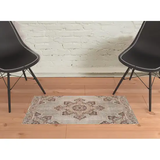 Beige Medallion Power Loom Area Rug With Fringe Photo 4