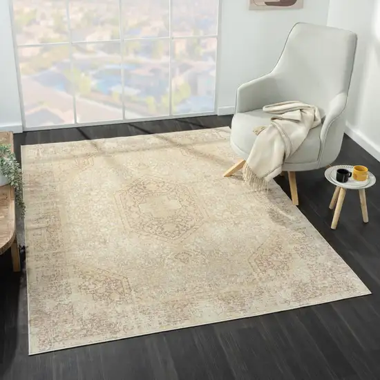 Beige Medallion Washable Non Skid Area Rug Photo 9