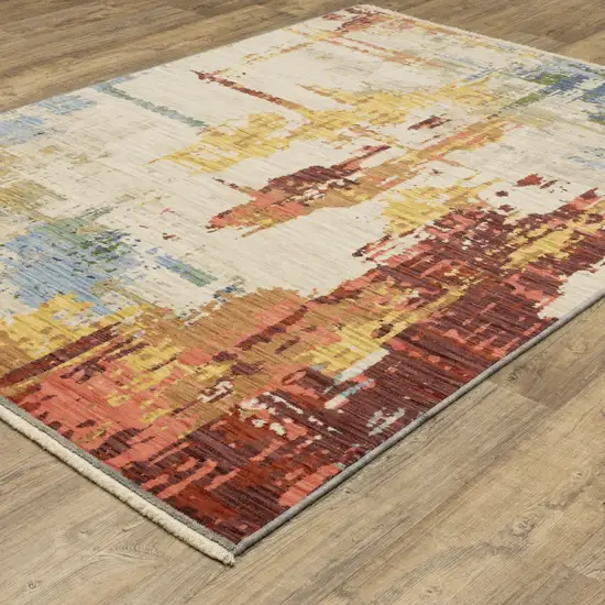 Beige Orange And Red Abstract Area Rug With Fringe Photo 4