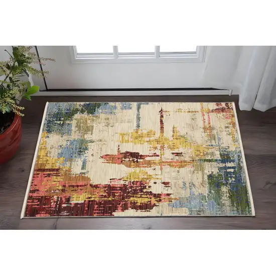 Beige Orange And Red Abstract Area Rug With Fringe Photo 1