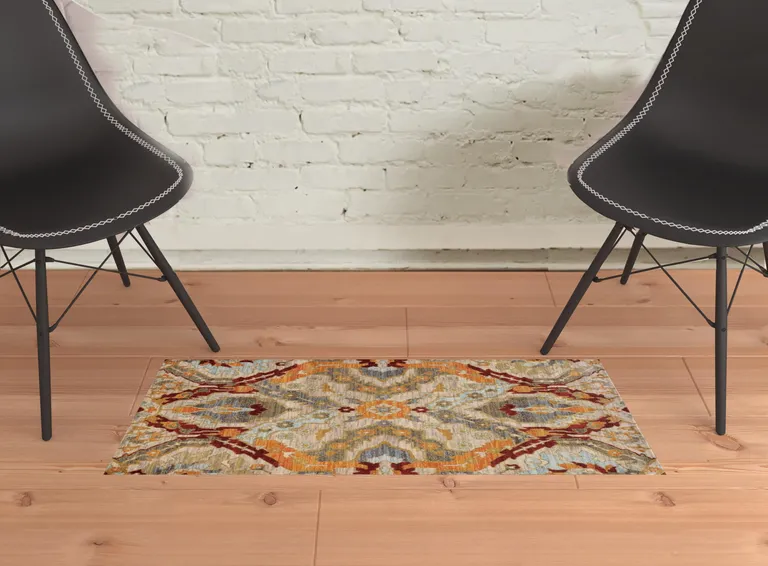 Beige Orange Blue Gold And Grey Abstract Power Loom Stain Resistant Area Rug Photo 2