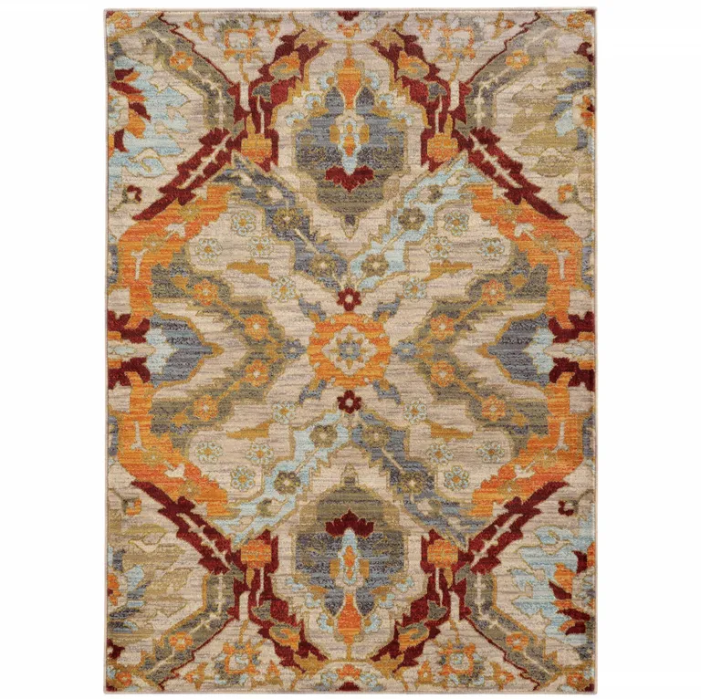 Beige Orange Blue Gold And Grey Abstract Power Loom Stain Resistant Area Rug Photo 1