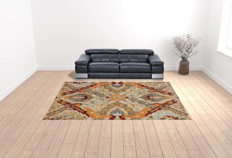 Beige Orange Blue Gold And Grey Abstract Power Loom Stain Resistant Area Rug Photo 2