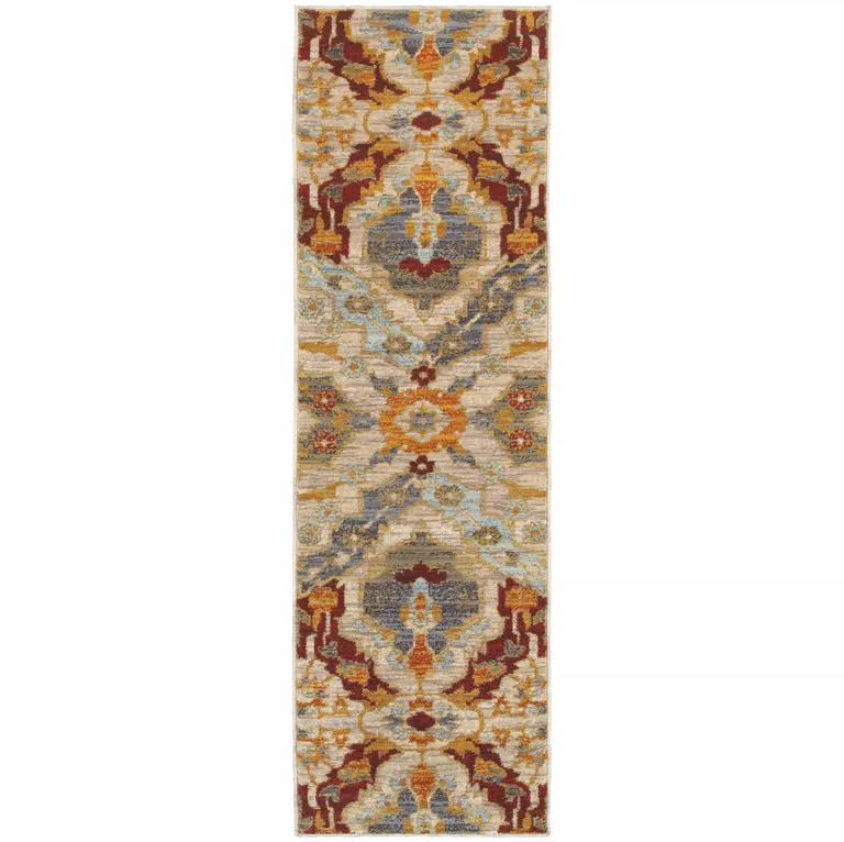 Beige Orange Blue Gold And Grey Abstract Power Loom Stain Resistant Runner Rug Photo 1