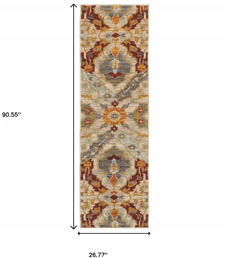 Beige Orange Blue Gold And Grey Abstract Power Loom Stain Resistant Runner Rug Photo 5