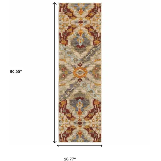 Beige Orange Blue Gold And Grey Abstract Power Loom Stain Resistant Runner Rug Photo 5