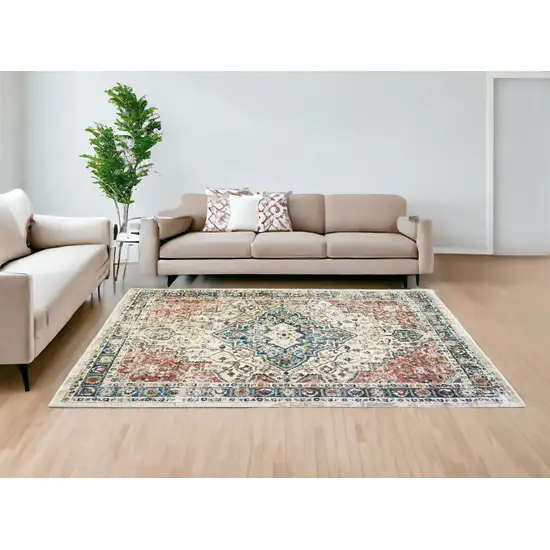 Beige Oriental Distressed Area Rug With Fringe Photo 3