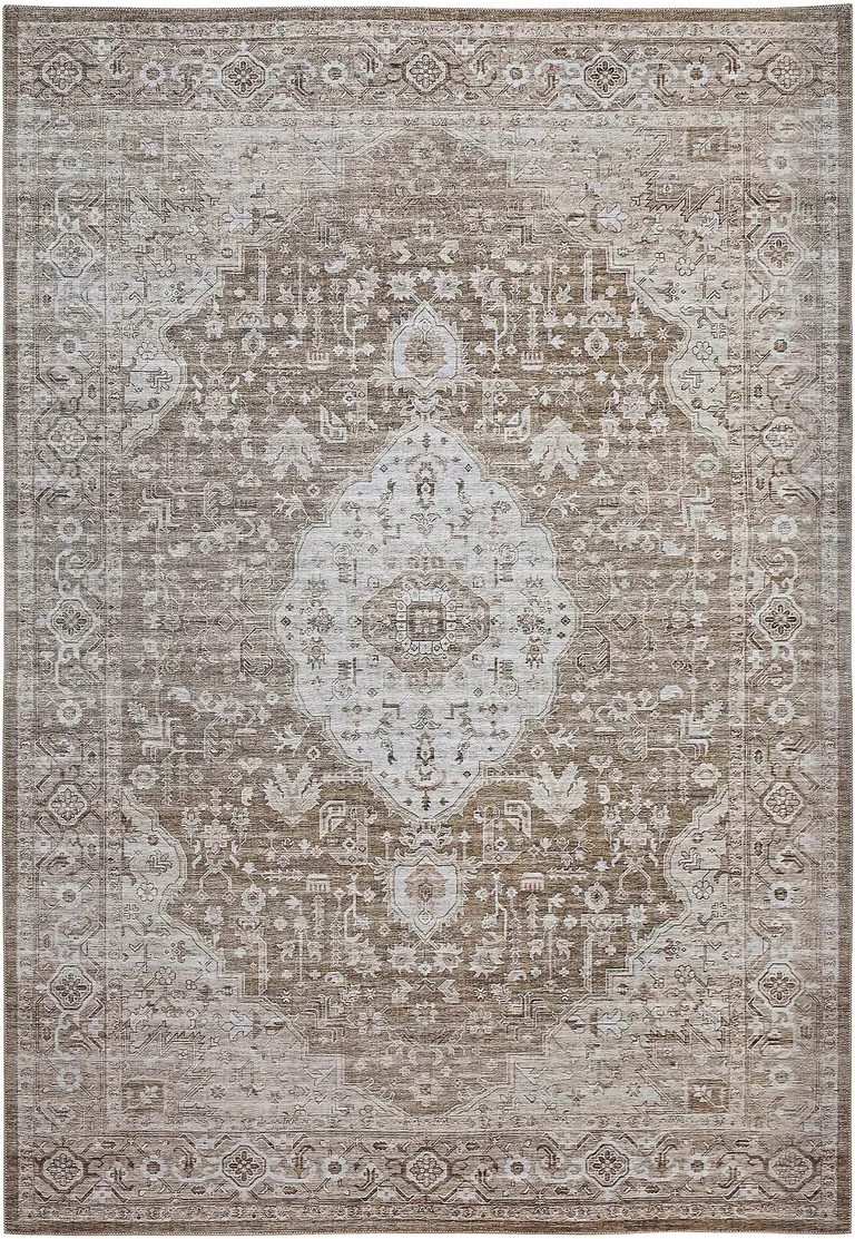 Beige Oriental Power Loom Distressed Stain Resistant Area Rug Photo 5